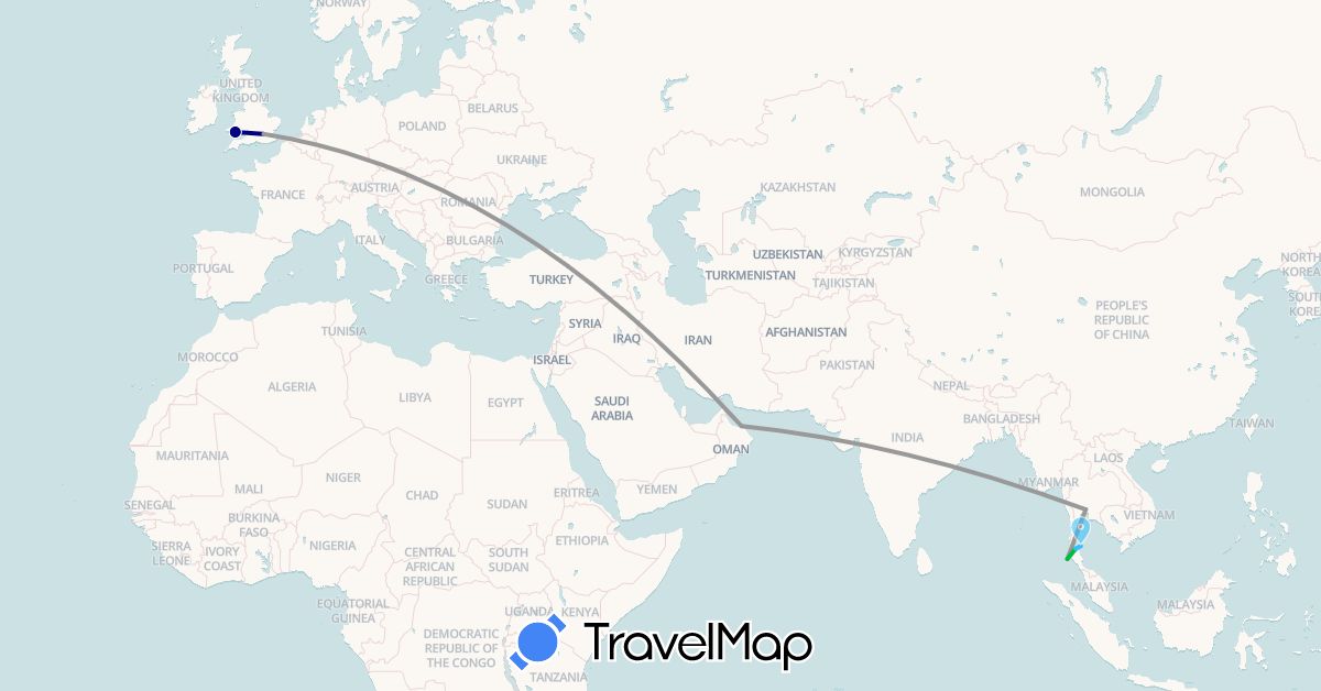 TravelMap itinerary: driving, bus, plane, boat in United Kingdom, Oman, Thailand (Asia, Europe)